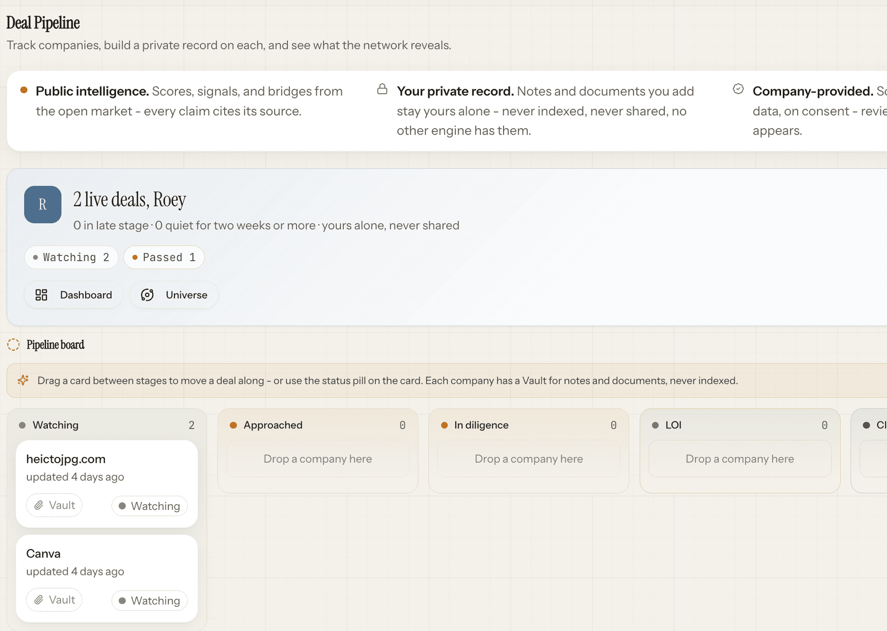 The Xenaris deal pipeline workspace